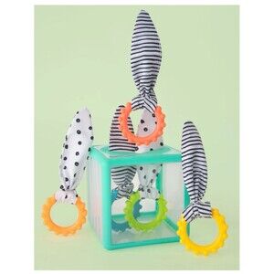 Sassy Striped & Polka Dot Bunny Ear Teething Rings - Orange, Yellow, Lime, Aqua